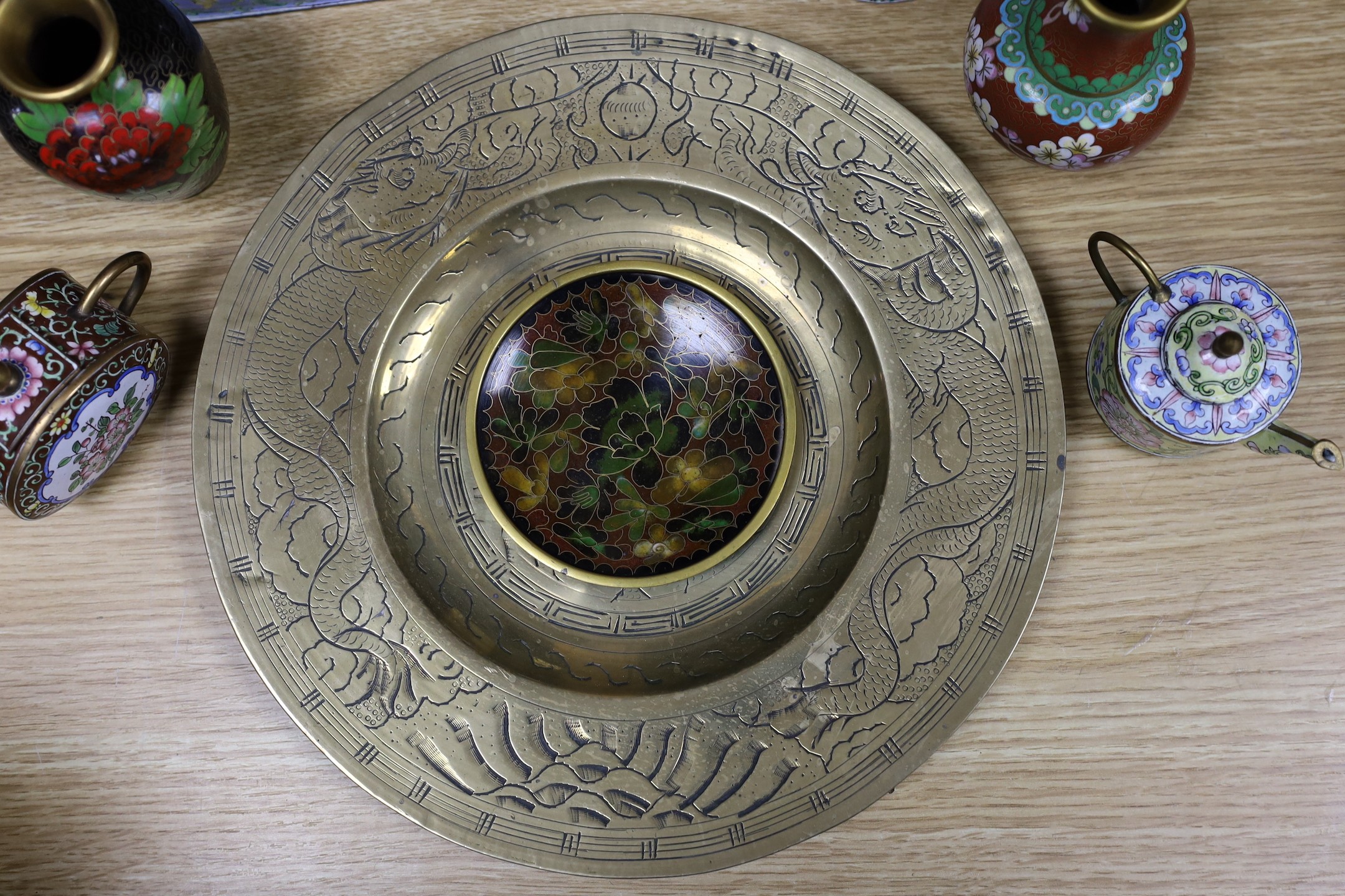 A group of Chinese cloisonné enamel and Guangzhou enamel vases, bowls and miniature tea pots together with a bronze dish, 27.5cm